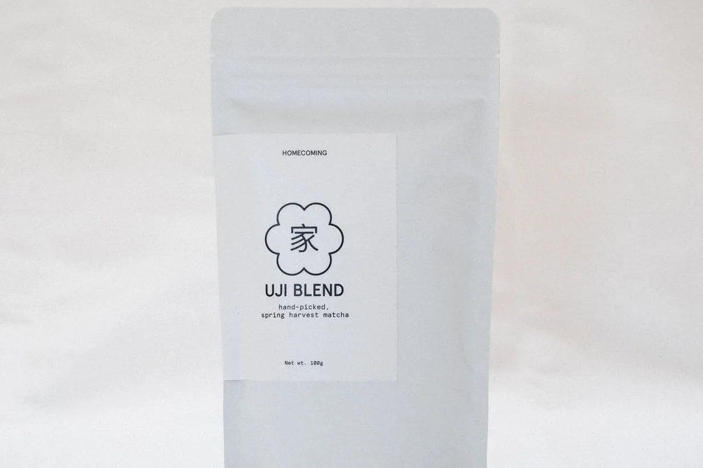 Homecoming Matcha 100g pouch of Uji Blend, sealed to keep matcha fresh