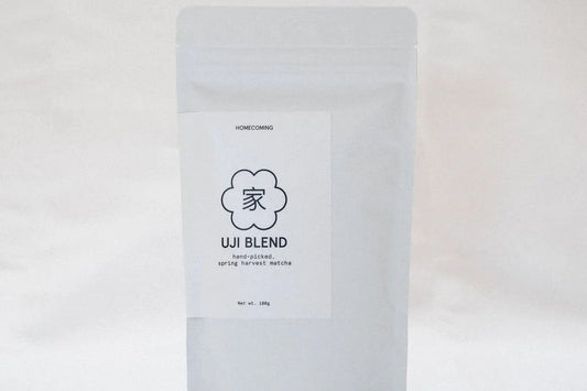 Homecoming Matcha 100g pouch of Uji Blend, sealed to keep matcha fresh