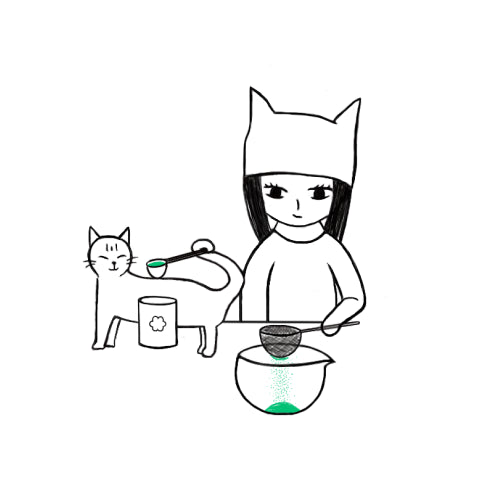 Illustration of a girl sifting matcha with a cat